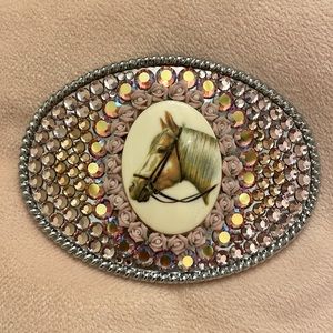 Vintage Tarina Tarantino pony horse pink Swarovski bling crystal belt buckle